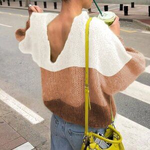 Multicolor Loose Fit Cropped Women's Color Block Backless Sweater